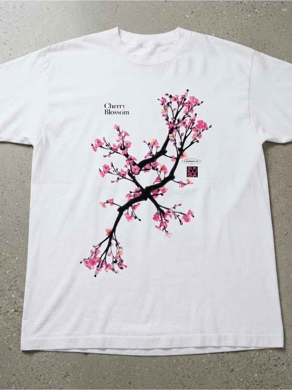 Minimalist Cherry Blossom Graphic T-shirt White Gildan with Pink Floral Print